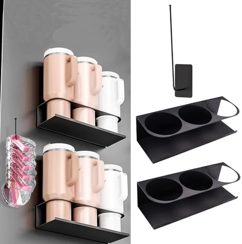 Inscrip Magnetischer Getränkehalter für S-t-a-n-l-e-y, 3 Fächer Kühlschrank Schrank Magnetischer Becherhalter, Küche Magnetische Flaschenhalterung mit Haken, Wasserflaschen Organizer (Schwarz A)