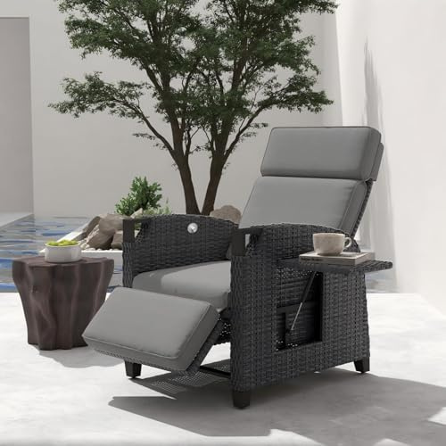 UDPATIO Garden Recliner Sunlounger With Flip Table and Cushion, Rattan Chairs 150° Adjustable, Powder Coated Steel, Suitable for Garden, Patio and Indoor - Grey-Wicker & Grey Cushions Covers