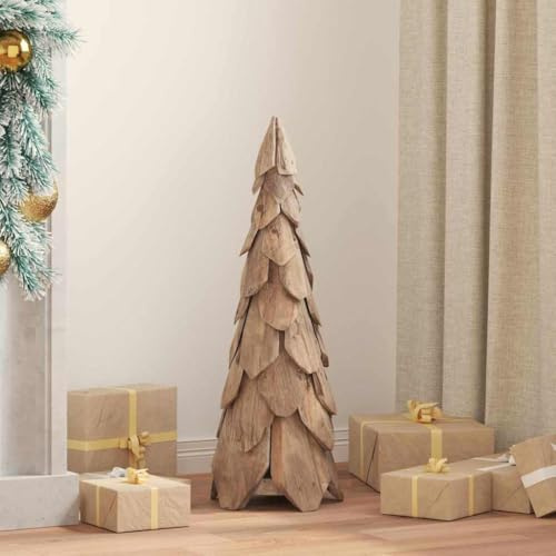 Árbol de Navidad con soporte, color marrón, 80 cm, madera maciza de teca, duradero, para interior y exterior protegido, decoración moderna de Navidad
