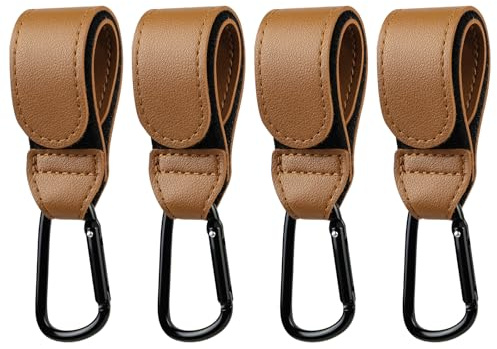 URAQT Kinderwagen Haken, 4 Stk Universelle Anhänger für Kinderwagen Lederoptik Kinderwagen Taschenhalte Kinderwagenhaken Taschenhaken Buggy Clips Träger für Wickeltasche Taschen Einkaufstasche Braun