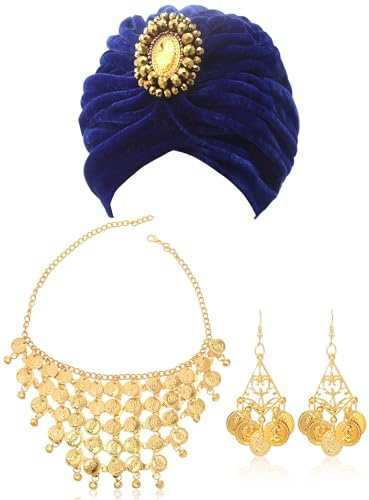 LQTSLFM Kit di Accessori per la Danza del Ventre Donna, Turbante Indiano con Gioielli Dorati, Set di Gioielli Tradizionali Indiani, Collana a Monete e Orecchini, Accessori per Carnevale Cosplay Party