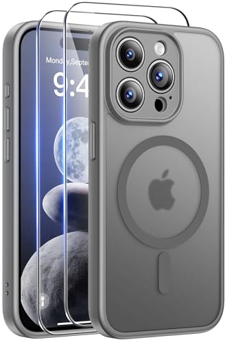 FLLAO for iPhone 15 Pro Case, Magnetic Bumper Case with 2X HD Screen Protector, Full Camera Protection, Military-Grade Shockproof, Slim Translucent Matte Cover, Grey