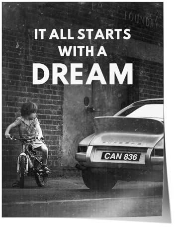 PERSONALISIERBARES Porsche Poster mit WUNSCHKENNZEICHEN | It all starts with a dream | Motivationsbilder | Porsche 911 Poster Auto Bild | Wandbild Büro Deko Office Garage Geschenk Männer Werkstatt