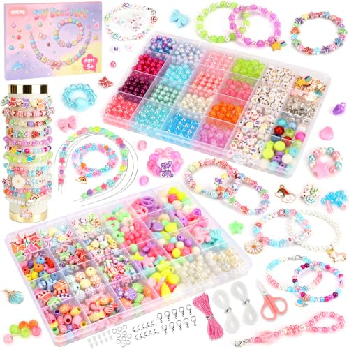 2 Boîtes Kit Perles pour Bracelet Enfant, DIY Bijoux Fille Cadeau dès 5 Ans | Acrylique toxique, développer motricité créativité, bijoux & accessoires cheveux, idéal anniversaire enfant, facile débutants