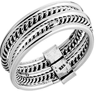 Silverly Multibandring aus Sterlingsilber für Damen | 925 Silber Seil Twist Ring | Fünf-Band-Set | Boho-Schmuck im Bali-Stil | Nautischer Multi-Stack mit Gedrehten Eheringringen