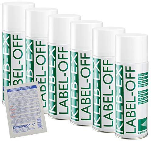 KLEB-EX – VPE: 6 x 200 ml spray – Solvente colla e solvente per etichette – ITW Cramolin – 1341411 – Rimuovi etichette e colla con 1 pz. DEWEPRO® SingleScrubs