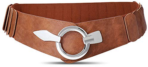JasGood Damen Breiter Elastischer Taillengürtel, Mode Vintage Hüftgürtel mit Silberner Ring-Schließe, Braun, L