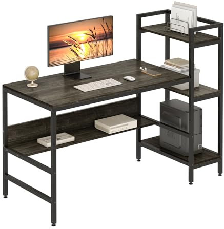 Dripex Computer Desk with 4 Tier Storage Shelves - 41.7 Inch Student Study Table with Bookshelf Modern Wood Desk with Steel Frame Home Office Workstation(Dark Walnut)