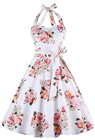 Topdress Women's Vintage Polka Audrey Dress 1950s Halter Cocktail Dress Pink Flower S