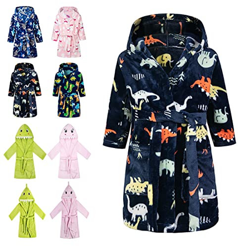 CROOUTN Bademantel Kinder mit Kapuze für Jungen Mädchen Bademäntel Morgenmantel kuschelig warmen und weichen Pyjamas Kleinkind Coral Fleece Hoodie Roben Schwarz Dinosaurier 4-5 Jahre