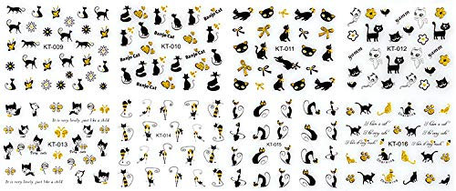 24 Blatt Katzen-Nagel-Aufkleber 3D-Katzen-Nagel-Aufkleber in Schwarz und Gold, Selbstklebende Nagelkunst-Dekoration für Damen (zufälliger Stil) YFG-041Nützlich und praktisch