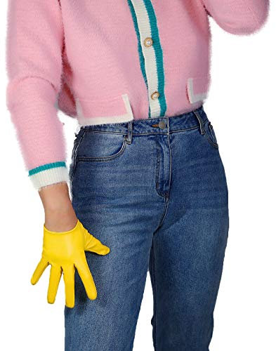 DooWay Damen Kurz Leder Handschuhe Kunstleder Winter Warm Fahren Kostüm Hell Gelb 16cm, Hellgelb, 16 cm, 85