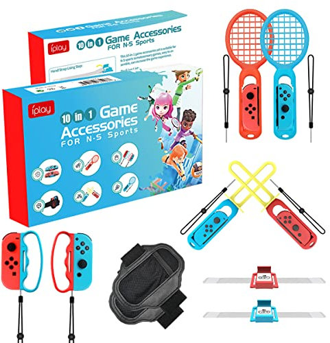 10 in 1 NS Switch Sport Spiel Zubehör, Switch Sport Zubehör Bündeln Set Das Somatosensorische Set mit 2 Schwerter 2 Tennisschläger 2 Bowling-Griff 2 Armbänder 2 Beinschlaufen