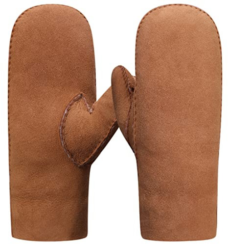 Harssidanzar Fäustlinge Lederhandschuhe,Winter Damen Warme echte Wildleder Lammfell Shearling Fäustlinge Lederhandschuhe KL026EU,Kamel, Größe M