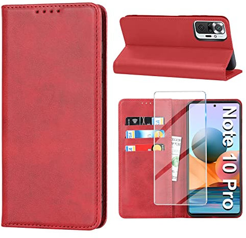 Vaki Funda para Xiaomi Redmi Note 10 Pro Funda con protector de pantalla de cristal templado, funda Note 10 Pro Max Cuero Wallet Tarjetero Función Función Funda Plegable Note 10 Pro Case Cover