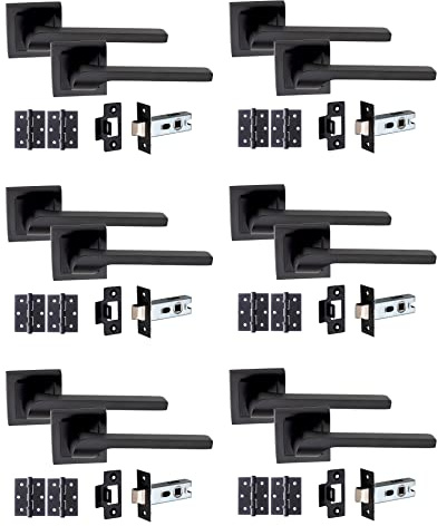 Golden Grace Sigma Lever Latch Door Handle Set, Matt Black, 6 Sets | Complete with 64mm latches, 3 ball bearing hinges, spindles and screws on a square rose backplate for easy fitting.