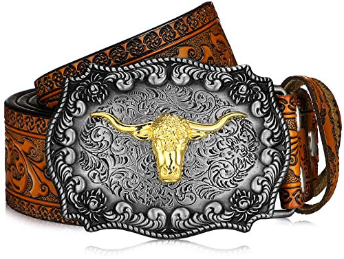 Jadive Herren Gürtel Western Cowboy Vintage Bull Leder Schnallen Gürtel Longhorn Schnalle Blumen Gravur (Kamel, 105 cm)