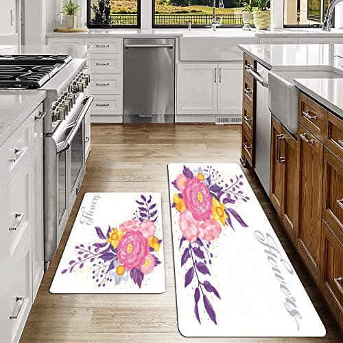 SHIVNAMI 2er Küchenteppich Waschbar rutschfest Teppich,Lila Blumen mit zarten Blumen für romantische rosa Grenze,Küche und im Esszimmer Badematten Set mit Rückseite