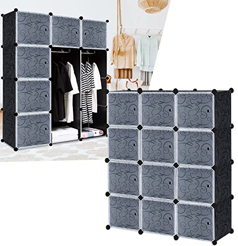 HENGMEI DIY Kleiderschrank 12 Boxen Garderobenschrank Schwarz | Steckregalsystem zum Selberbauen, modular erweiterbar, stabil, platzsparend, für Schlafzimmer, Wohnzimmer und Garderobe