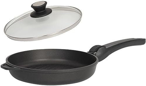 SKK Grillpfanne Ø 28 cm - ohne Induktion - runde beschichtete Aluguss BBQ Bratpfanne Stiel abnehmbar & Glasdeckel mit Edelstahlrand - Made in Germany