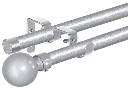 HOMEYA - Barras de Cortina Doble 120-210 cm, Barra de Cortina Extensible 16-19mm, con Terminales Forma Redonda con Soportes, Barra de Cortina de Metal Ajustable para Sala de Estar/Gris plata