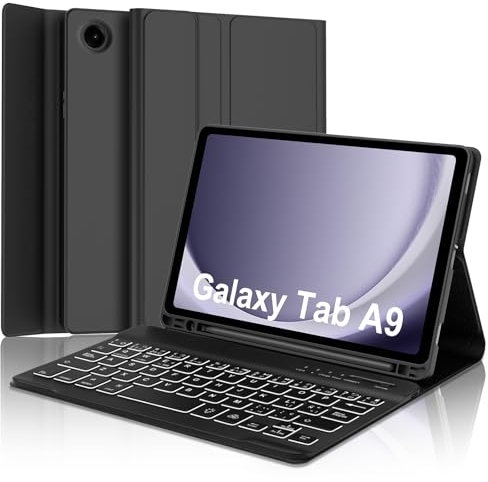 IVEOPPE Funda con Teclado Samsung Galaxy Tab A9 8.7 Pulgadas 2023, Teclado Español Ñ Bluetooth Retroiluminado Desmontable (SM-X110/X115/X117), Negro