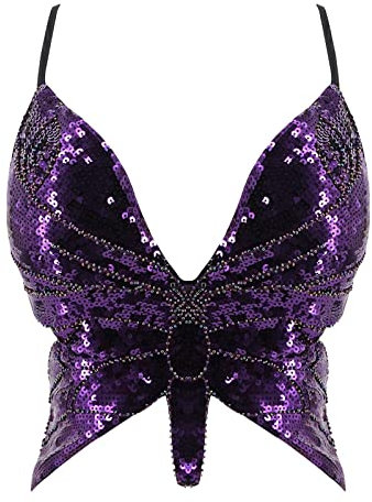 Costume da donna con paillettes glitterate da donna, top a farfalla, crop top glitterato, top sexy con schiena scoperta, 02-Lilla, Taglia unica