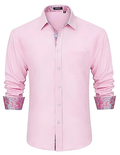 HISDERN Chemises Homme Manches Longues Chemise Décontractée Homme Boutonnées Chemises Formelles Business Chemise Regular Fit Casual Shirt Rose 6XL