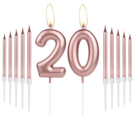 Girls 20th Birthday Candles Decorations, Number 20 Candle With Rose Gold Long Candles, Birthday Cake Topper for Women, Party and Wedding Anniversary Celebrations