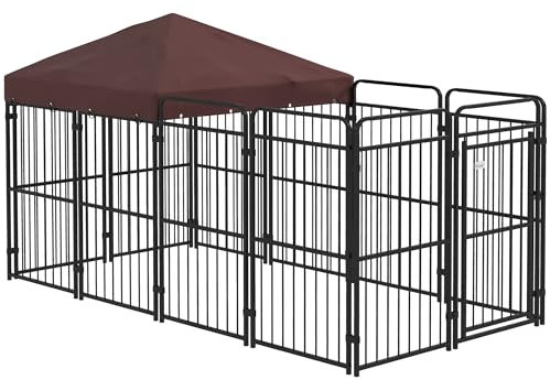 PawHut Zwinger für Hunde im Freien, Hundezwinger mit wasserdichtem Anti-UV-Dach, Metallkäfig für große Hunde, 282x141x159cm, braun