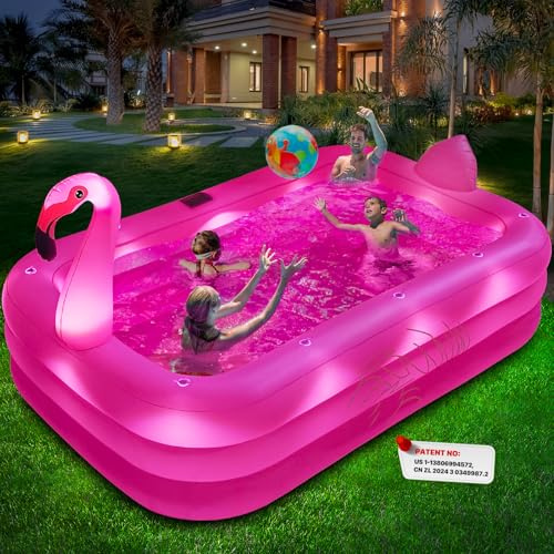 Inflatable Pool with Lights, Solar Flamingo Swimming Pool for Kids,Adults Inflatable Blow up Pool, Large Kiddie Pool,Durable Thickened Kids Pool for Backyard,Outdoor,100X63X20-Bright Pink