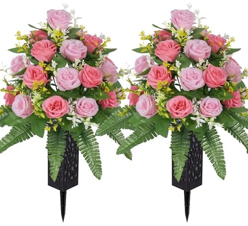 MOOMASS Künstliche Friedhofsblumen, Grabschmuck, Friedhofsblumen für Grabvase, künstliche Rose, Seidenblumen für langanhaltende Erinnerung (Rosa + Hellrosa, 2 Blumensträuße)