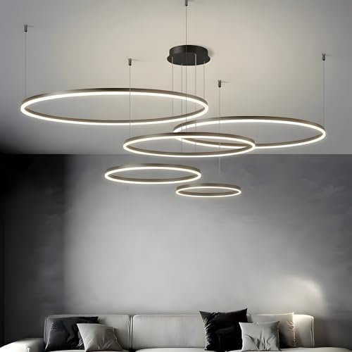 WayLuoung Metall LED Kronleuchter | 5 Kreise 20+40+60+80+100cm | 130W Rings Deckenhängelampe, Dimmbare Fernbedienung 3000–6000K, Acryl Schirm Pendelleuchte, Wohnzimmer Schlafzimmer Esszimmer【Schwarz】