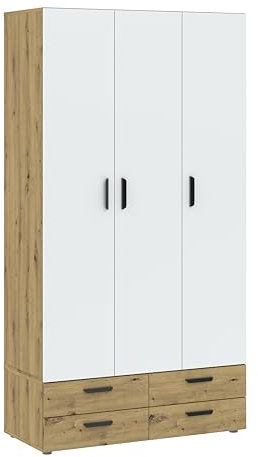Oggi Italo Eichenholzschrank in Weiß mit 3 Türen - Stauraum, Hochwertiges Design, 4 Schubladen, 5 Regale, für Schlafzimmer und Wohnzimmer