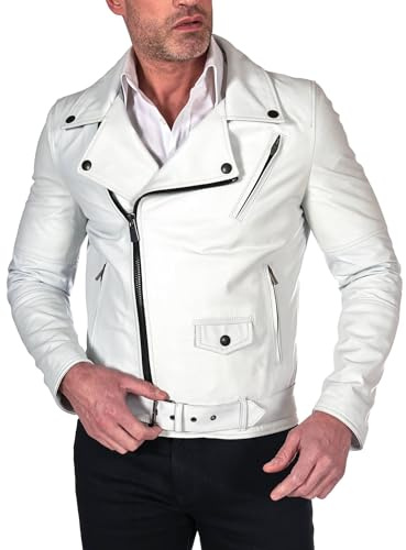 D'Arienzo Chiodo in Vera Pelle Bianca Uomo Made in Italy Biker Moto Primavera Slim 54/Bianco