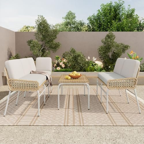 Merax Gartenlounge für 4-5 Personen,Gartengarnitur Sitzgruppe Sofa Lounge,Poly Rattan Garnitur in Aprikosengrau & Natural