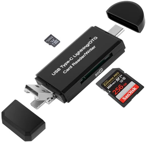 AXFEE Lector Tarjetas SD/Micro SD para iPhone, Lighting/USB 2.0 4en1 Lector de Tarjetas SD de Soporta Micro SD SDHC SDXC MMC Compatible con iPhone 14/13/12/11, Lighting/USB-C OTG