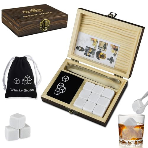 Ensemble Cadeau en Pierre à Whisky dans Une boîte en Bois Faite à la Main, Pierres à Whisky, 9 glaçons réutilisables, Sac en Velours et Pince, Refroidir Spiritueux, Vins et Boissons Choix Parfait