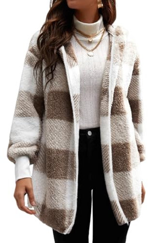 Ranphee Sweat a Capuche Femme Kaki Carreaux Polaire Chaud Zippé Longue Oversize Manteaux D'hiver Sherpa Veste Vetement