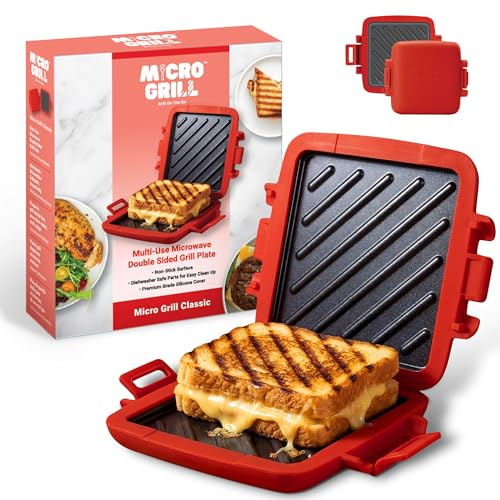 Micro Grill Classic Microwave Sandwich Maker, Microwave Grill, Toaster, 3 Minute Grilled Cheese Sandwich Maker, Thick Silicone Cover, Safe Food Grade, Panini Press, Dishwasher Safe (Red, Regular)