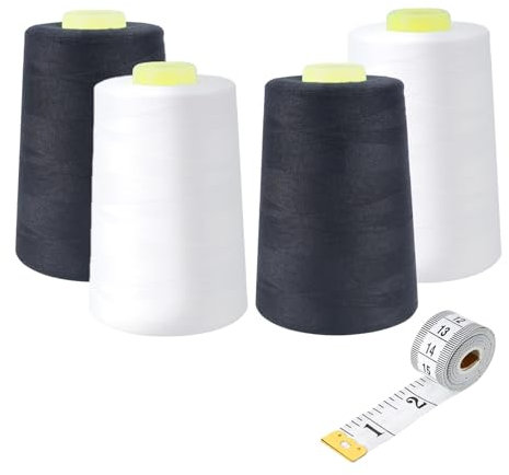 Zythrem Filo da cucito per overlock, 4 x 4500 m, bianco e nero, multiuso, per macchina da cucire overlock, con metro a nastro, per macchina da cucire a mano/trapuntatura a mano