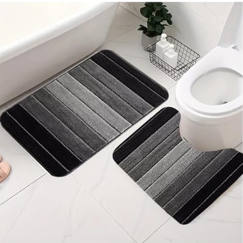 ZIYA HOMES Black Bath Mat Complete 3-Piece Set - Non-Slip, Washable, Absorbent Bathroom Mat for Floor, Tub, Shower