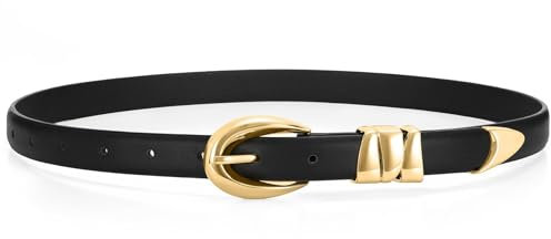 JasGood Damen Ledergürtel Mode Goldschnalle Schmaler Gürtel Damen für Jeans Hosen Kleider Damengürtel,Schwarz,140cm