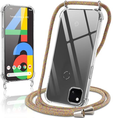 Coiwxmoi Handyband Handyhülle für Google Pixel 4a Hülle mit Band 5,81,Transparent Case mit Kette Abnehmbar zum Umhängen Kordel Schutzhülle,Weich Silikon Stoßfest Cover für Google 4a 4G,Regenbogen