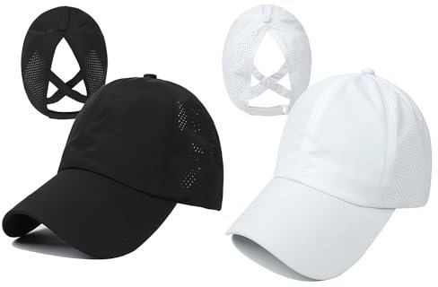 Damen-Pony-Mütze, hoher Pferdeschwanz, Baseballkappe, Laufen, Kreuzhut, Mädchen, unordentlicher Dutt, verstellbar, schnell trocknend, Trucker-Mütze, Schwarz, 2 Stück, Schwarz , Einheitsgröße