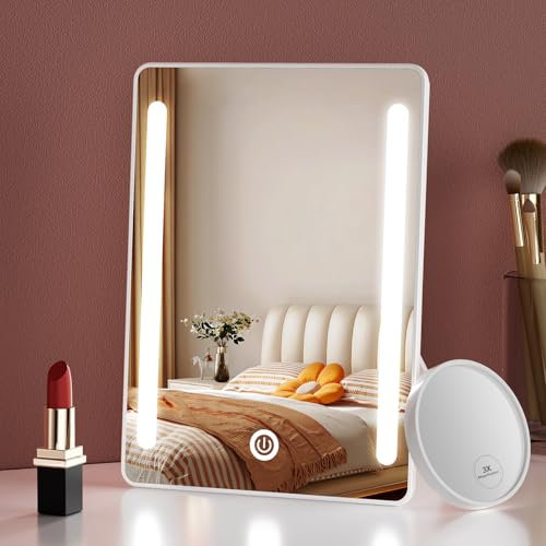 S'AFIELINA Schminkspiegel mit Beleuchtung Wiederaufladbarer, Tragbarer LED-Kosmetikspiegel mit dimmbarem Licht, Tischspiegel mit abnehmbarem 3X Vergrößerungsspiegel für Zuhause & Reisen