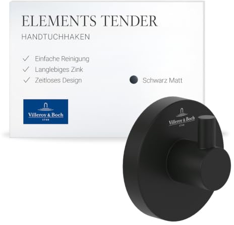 Villeroy & Boch Elements Tender Handtuchhaken, rund – Schwarz Matt | Für Wandmontage geeignet, aus Zink, 54 x 32 x 54 mm, TVA151011000K5
