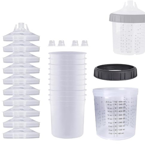 Lot de 10 gobelets doseurs de peinture automobiles - Transparents - Avec couvercles - Doseurs jetables pour pistolets de pulvérisation - Outils de mesure gradués pour peinture de voiture, réparation