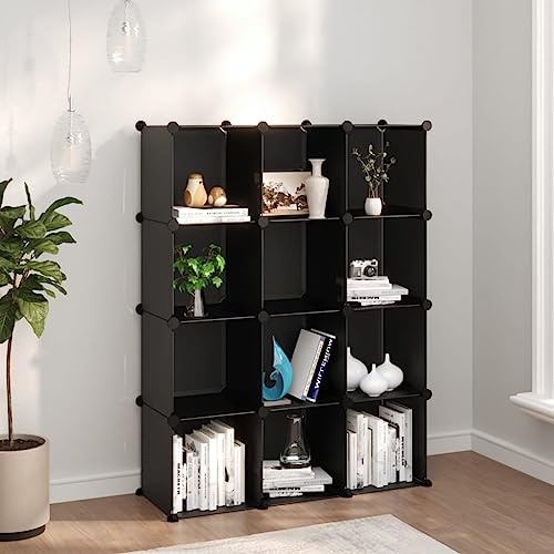 Teenpull Regalsystem mit 12 Würfeln, Schwarz, PP-Kunststoff, modularer Stauraum für Schuhe und Kleidung, vielseitiger Organizer für Flur, Büro, Schlafzimmer