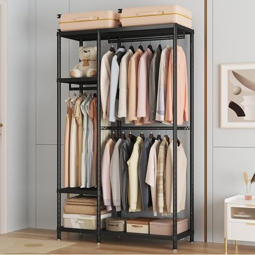 Enjinkail Clothes Rail, 195cm Tall Metal Open Wardrobe with 6 Shelves | 270 kg Capacity Heavy Duty Clothes Rack, Freestanding Garment Rack for Bedroom, Living Room (Black, 114cm wide)